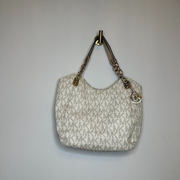 MICHAEL Michael Kors Lillie Large Chain Shoulder Tote Vanilla Logo Print Canvas - Picture 1 of 7